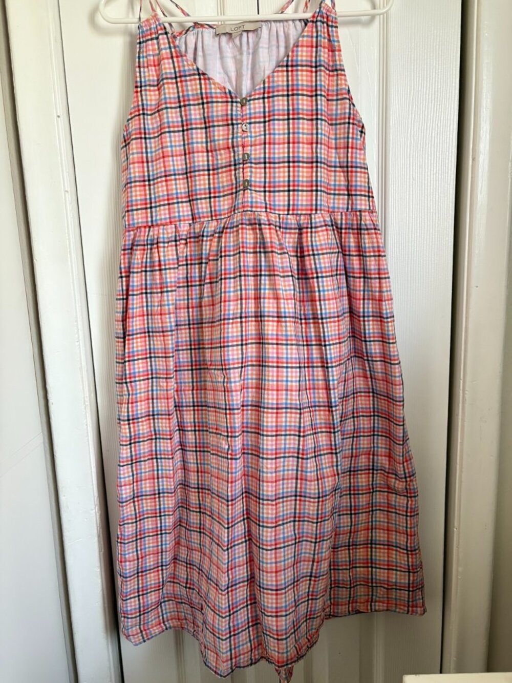 LOFT Coral and Blue Plaid Button-Front Sundress